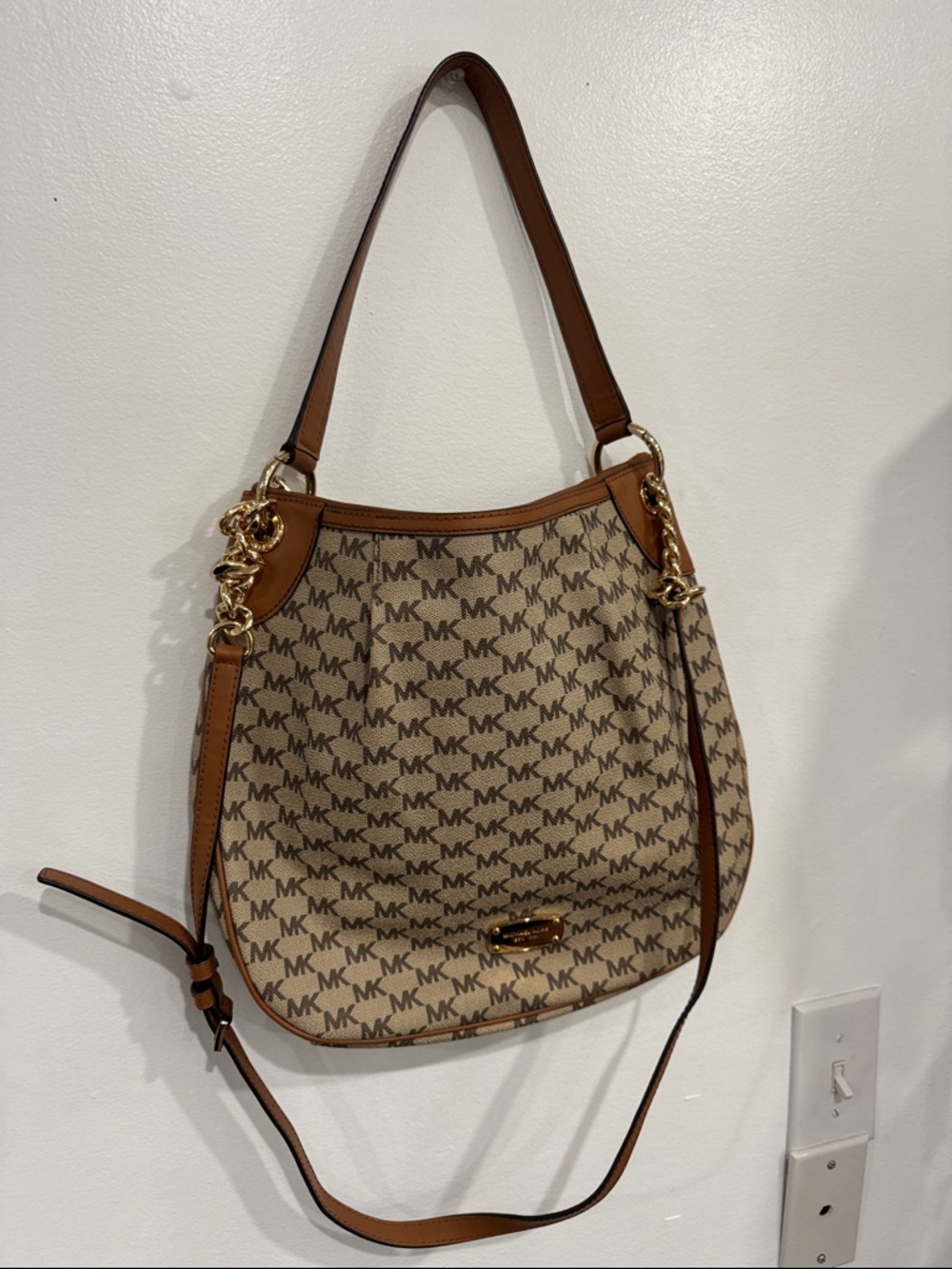 Michael Kors Brown Logo Canvas Shoulder Bag with Gold Hardware